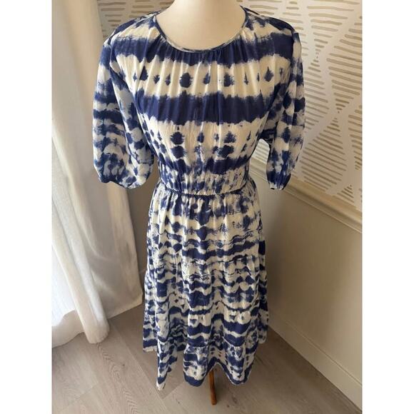 Mango MNG Women’s Size 8 Medium Blue White Cotton Puff Sleeve Midi Maxi Dress - Picture 4 of 7